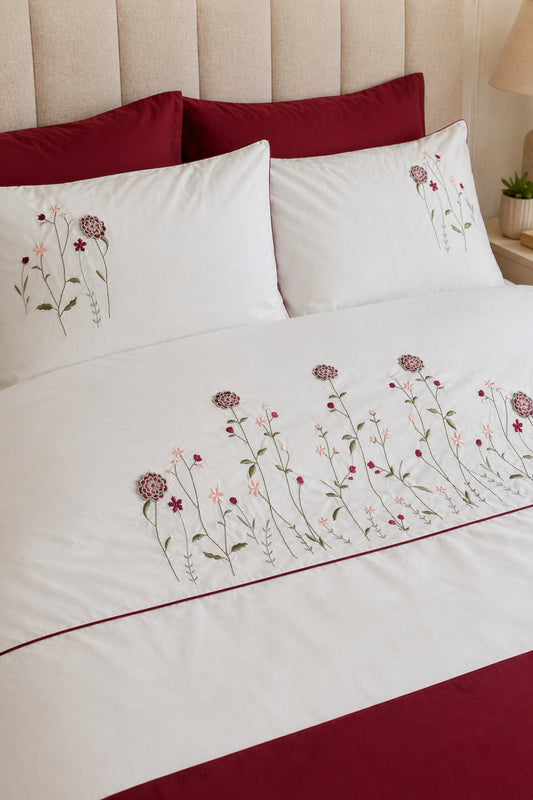 Lerin %100 Pamuk Çiçek Nakışlı Çift Kişilik Nevresim Takımı 7 Parça - 3D Çiçek Nakışlı Yatak Runnerlı Çeyizlik Premium Set