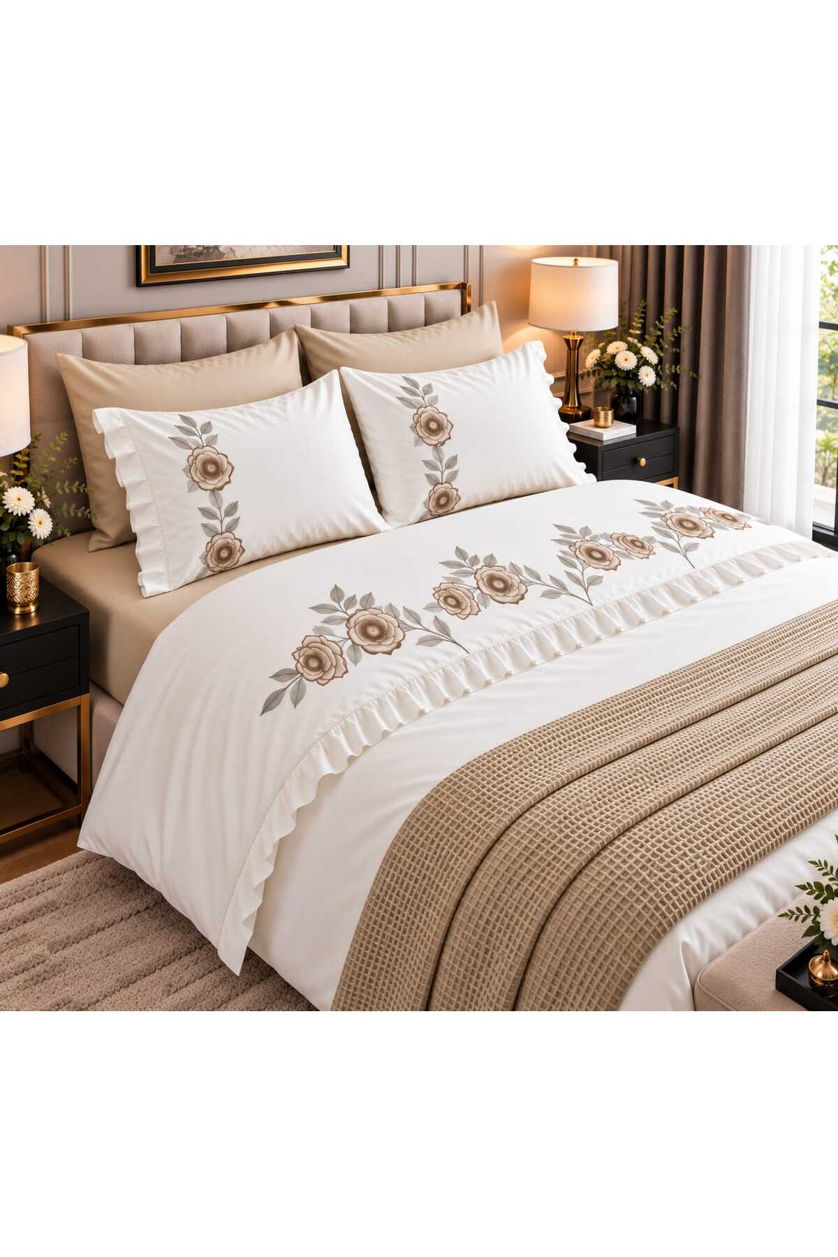 Rosalin %100 Pamuk Nakışlı Mavi Gül Detaylı ve Fırfırlı 7 Parça Nevresim Takımı | Premium Set