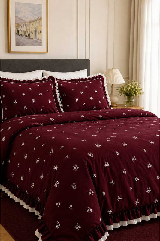 Elora %100 Pamuk Çift Renk Fırfırlı ve Çiçek Nakışlı 6 Parça Çift Kişilik Lüks Nevresim Takımı