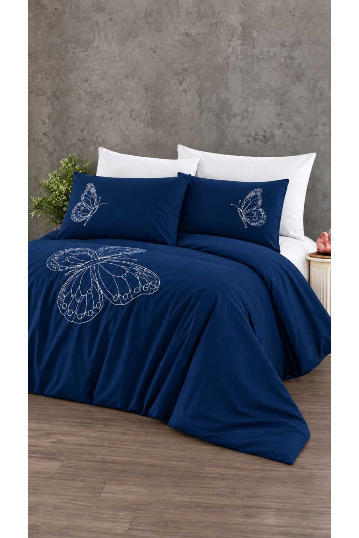 Elegant Lüks Kelebek Lacivert Nakışlı %100 Pamuk Çift Kişilik 6 Parça Nevresim Takımı