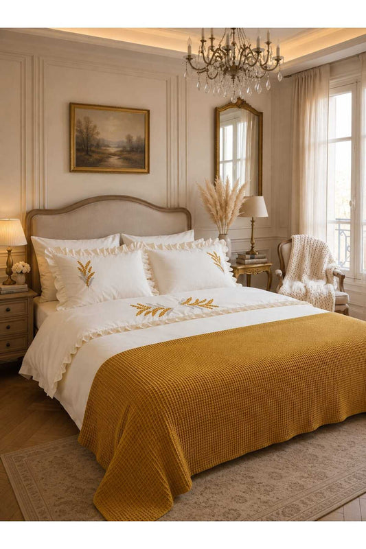 Trigo Hardal Çiçek Süzene Nakışlı Pamuk King Size Nevresim Takımı 7 Parça Runnerlı Modern Çift Kişilik Set