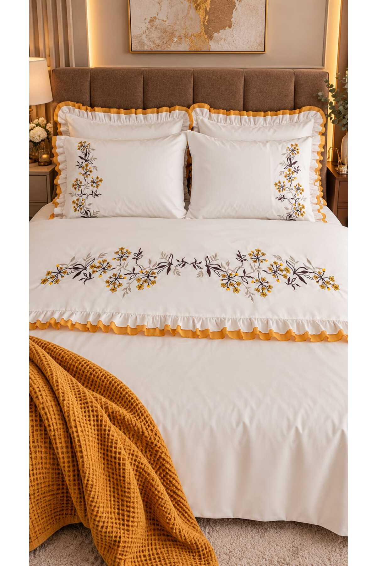Zerdal Flora Nakışlı %100 Pamuk Runnerlı 7 Parça Modern Çift Kişilik Nevresim Set