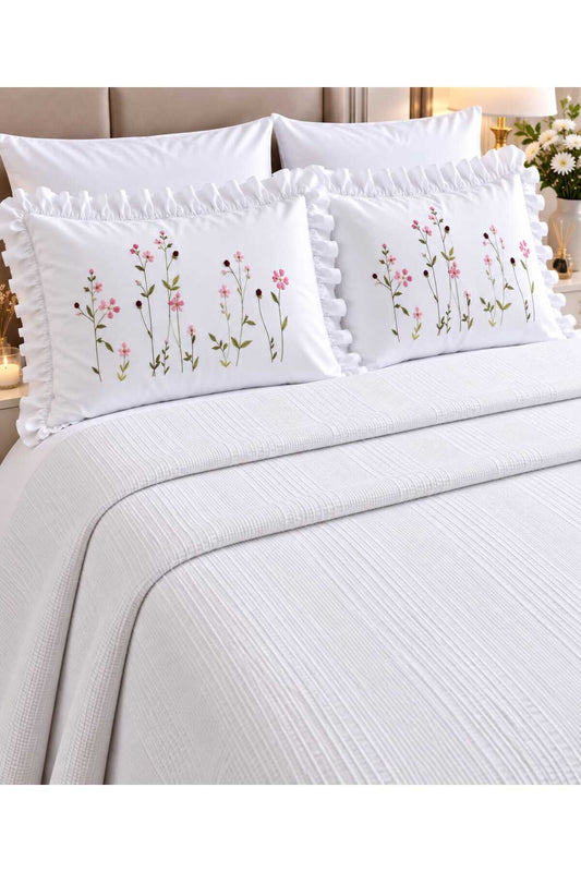 Waffle Dokulu Nakışlı Fırfırlı %100 Pamuk 6 Parça Çift Kişilik Pike Seti