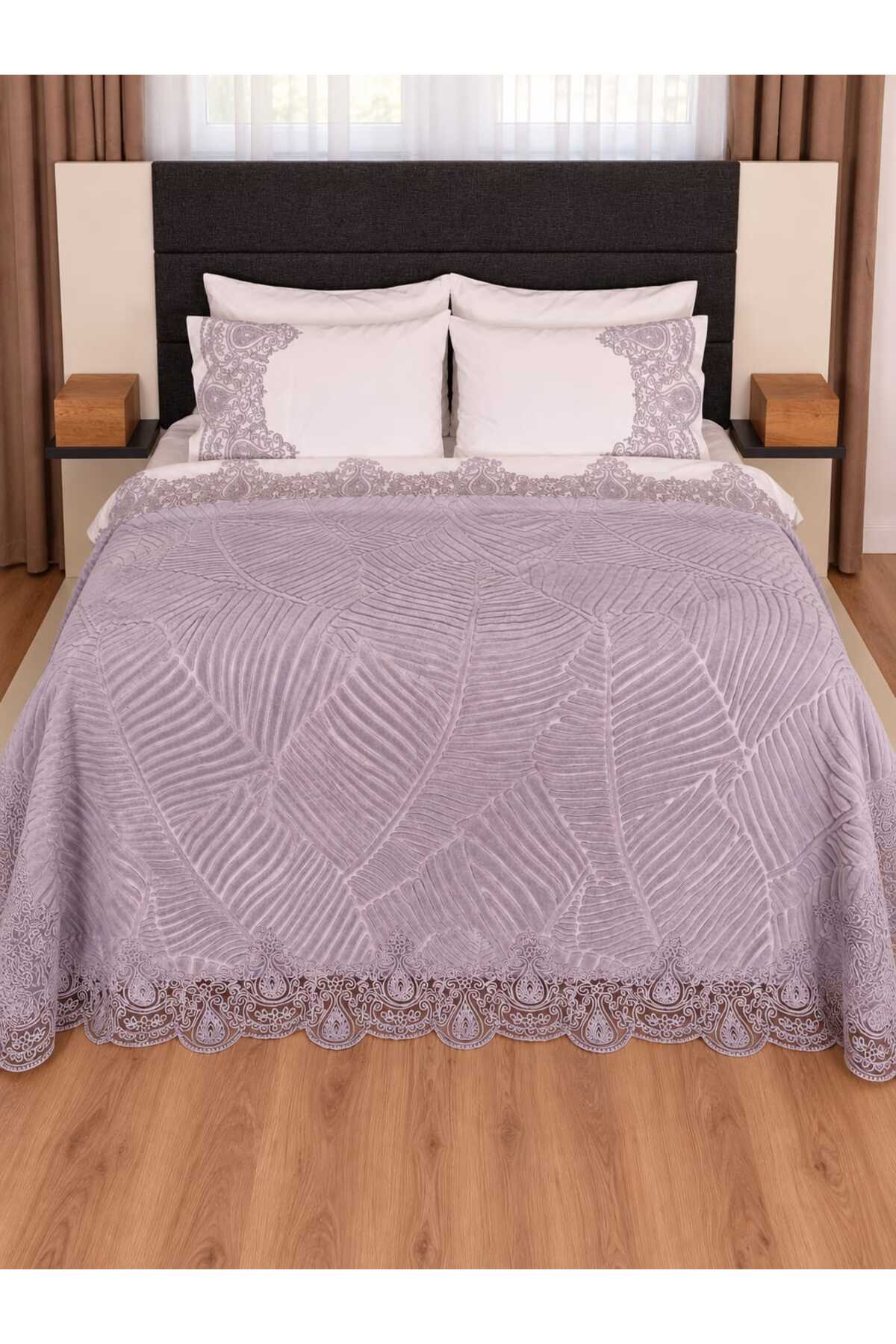 Bella Lavanda Şönil Dantelli Battaniyeli %100 Pamuk 7 Parça Modern Çift Kişilik Nevresim Set
