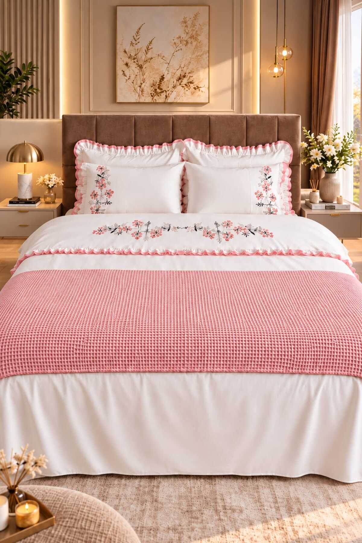 Zerdal Flora Pudra Nakışlı %100 Pamuk Runnerlı 7 Parça Modern Çift Kişilik Nevresim Set