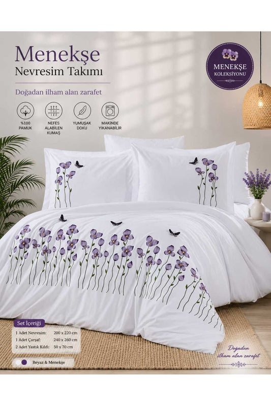 Menekşe Bahçesi 3D Kelebek Nakışlı ve Pamuk 6 Parça Çift Kişilik Nevresim Takımı
