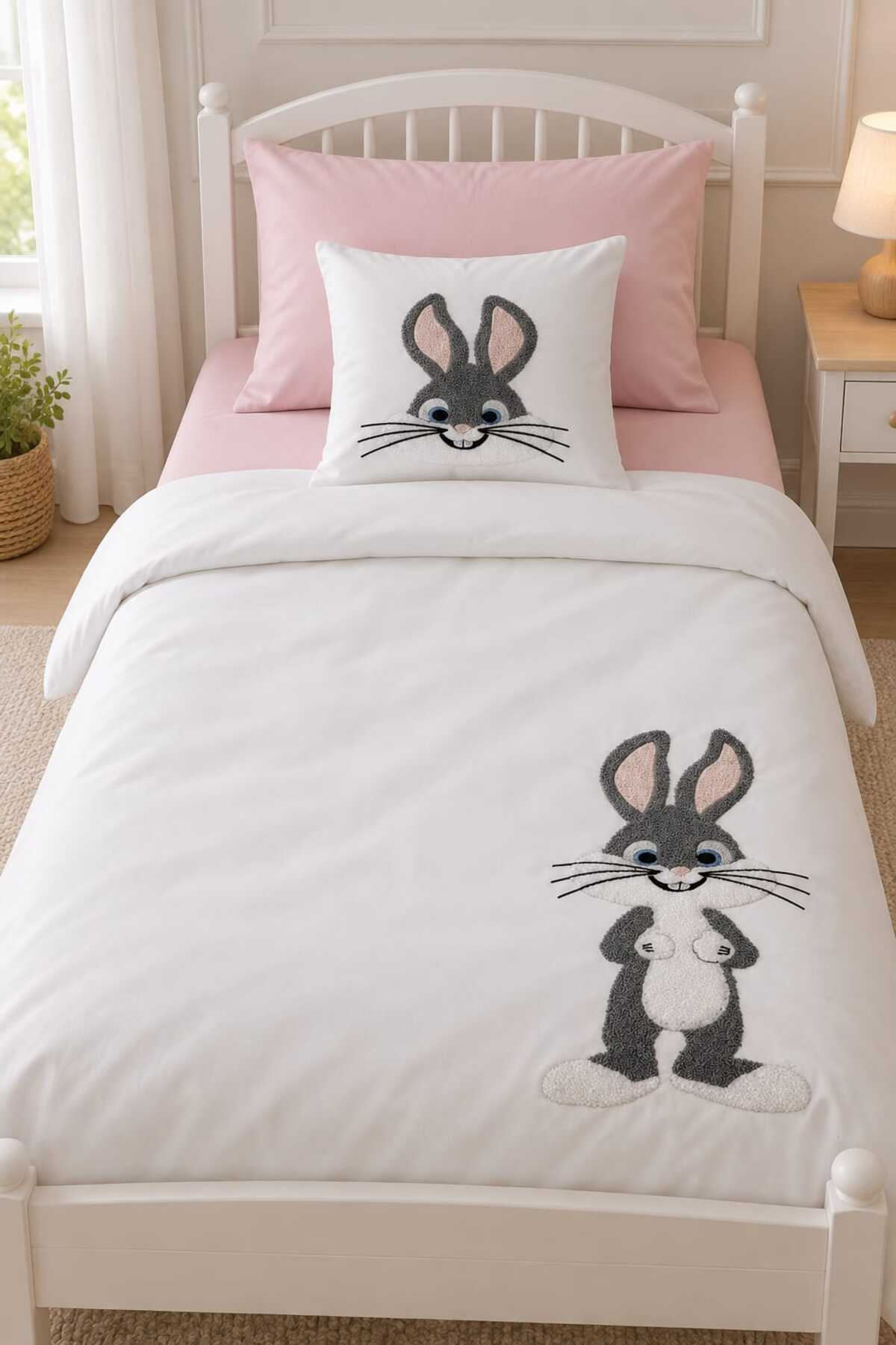 Tavşan Pembe Nakışlı %100 Pamuk 4 Parçalı Bebek Nevresim Takımı set içeriği
