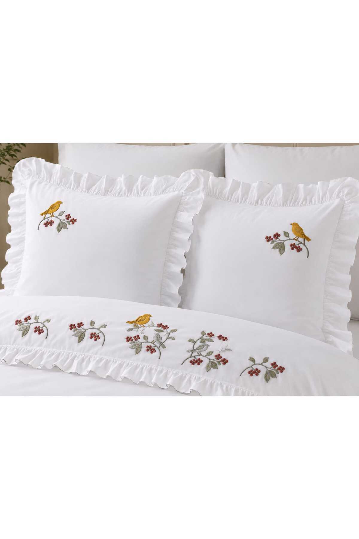 Flora Bird Nakışlı Fırfırlı %100 Pamuk Runnerlı 7 Parça Çift Kişilik Nevresim Takım