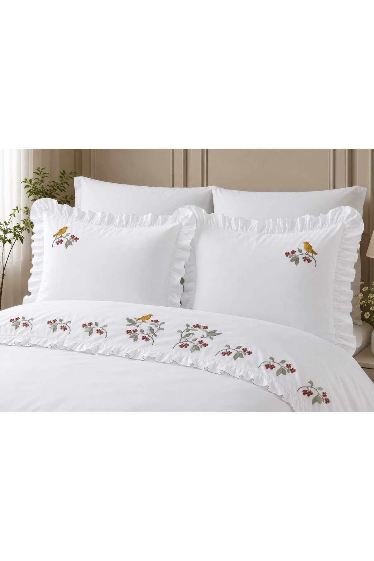 Flora Bird Nakışlı Fırfırlı %100 Pamuk Runnerlı 7 Parça Çift Kişilik Nevresim Takım