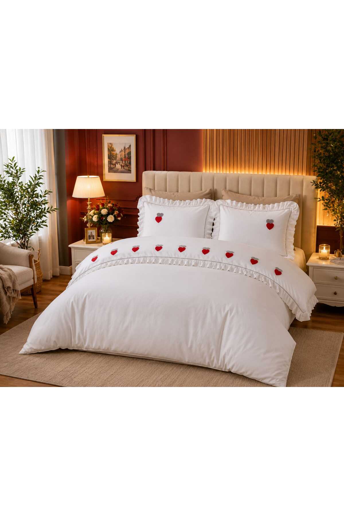 Romance Punch Kalp Nakışlı Fırfırlı Fitilli 6 Parça %100 Pamuk Çift Kişilik Nevresim Seti