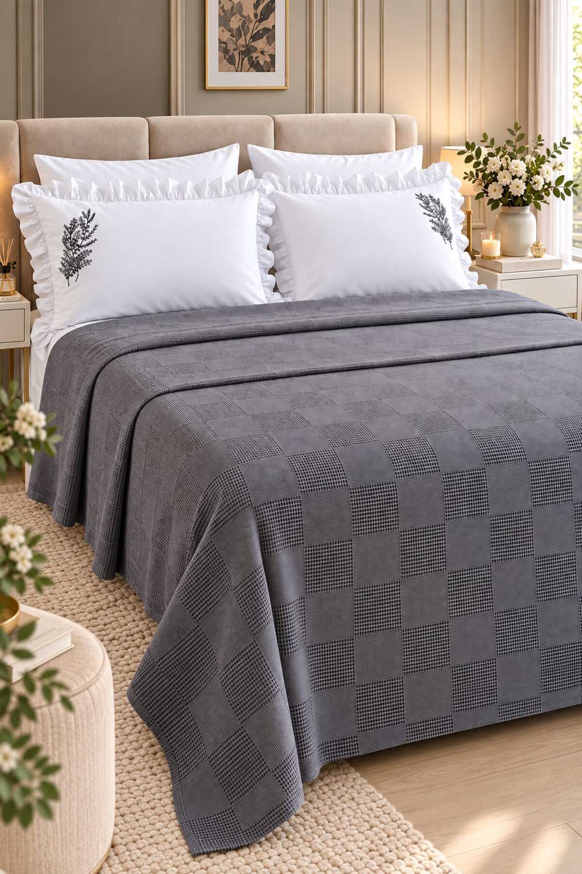 Pure Comfort Gray Waffle 6 Parça Çift Kişilik Pike Seti