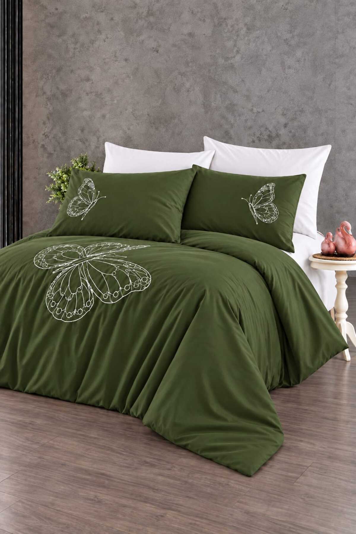 Elegant Lüks Kelebek Haki Nakışlı %100 Pamuk Çift Kişilik 6 Parça Nevresim Takımı