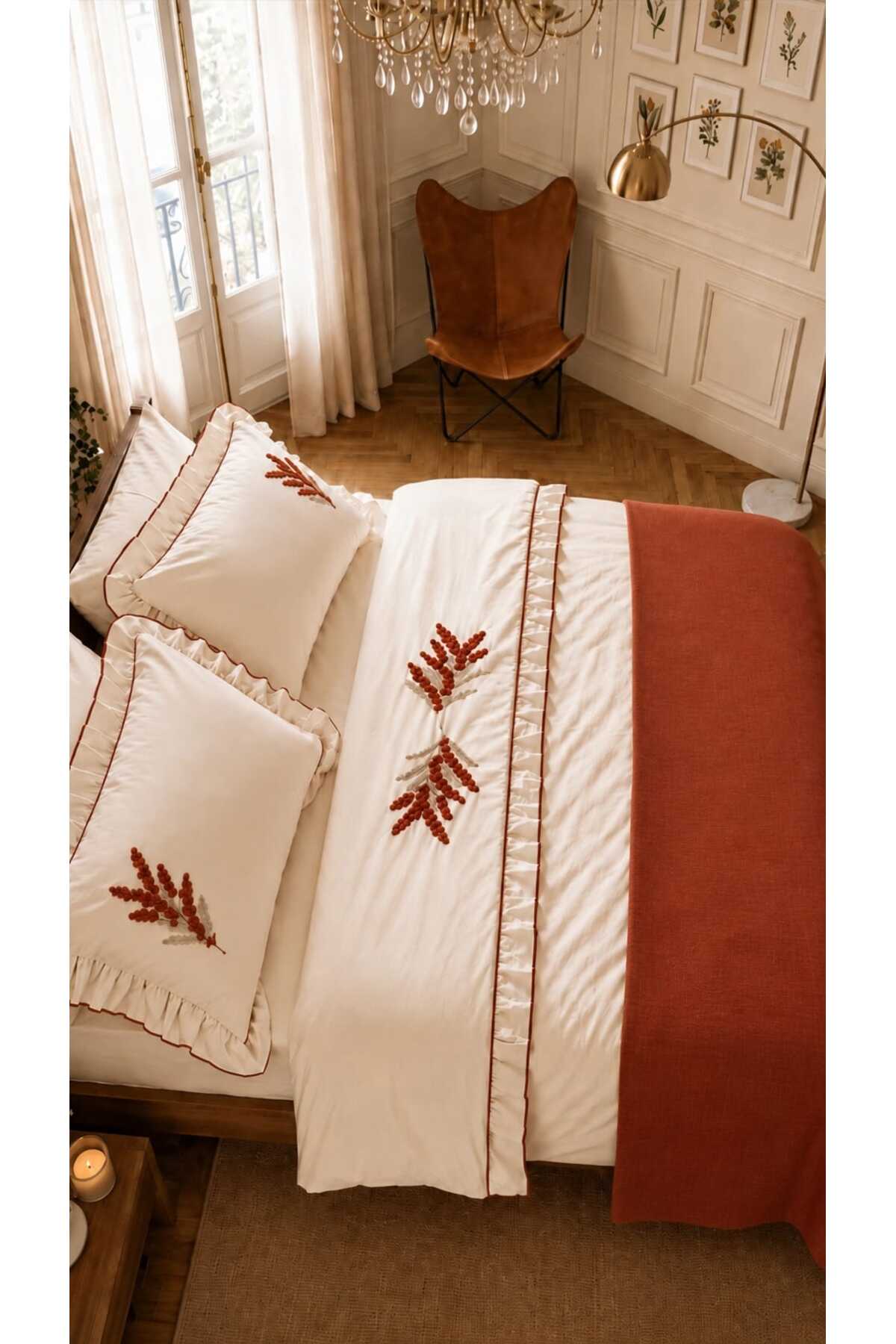Trigo Kiremit Çiçek Süzene Nakışlı Pamuk Nevresim Takımı 7 Parça Runnerlı Modern Çift Kişilik Set