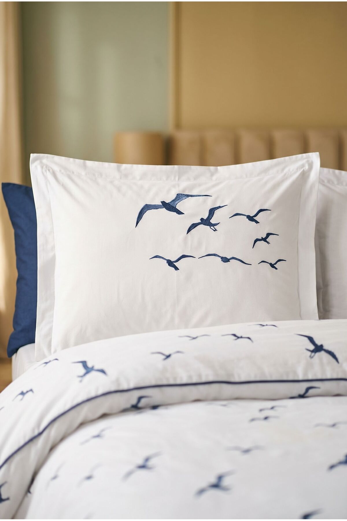 Coastal Breeze Martı Nakışlı %100 Pamuk 6 Parça Çift Kişilik Nevresim Takımı