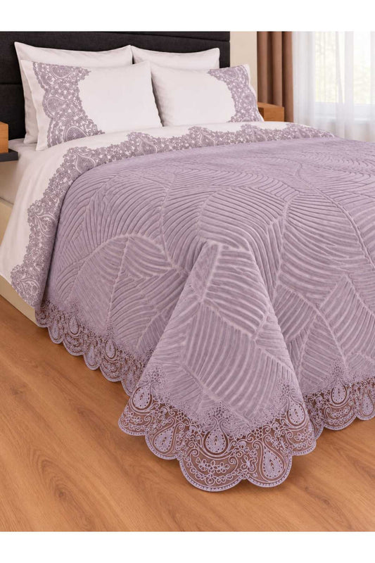 Bella Lavanda Şönil Dantelli Battaniyeli %100 Pamuk 7 Parça Modern Çift Kişilik Nevresim Set