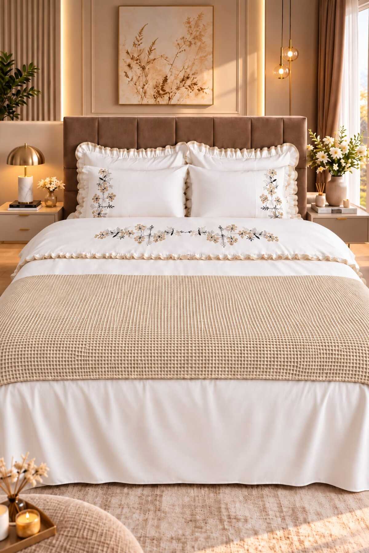 Zerdal Flora Bej Nakışlı %100 Pamuk Runnerlı 7 Parça Modern Çift Kişilik Nevresim Set