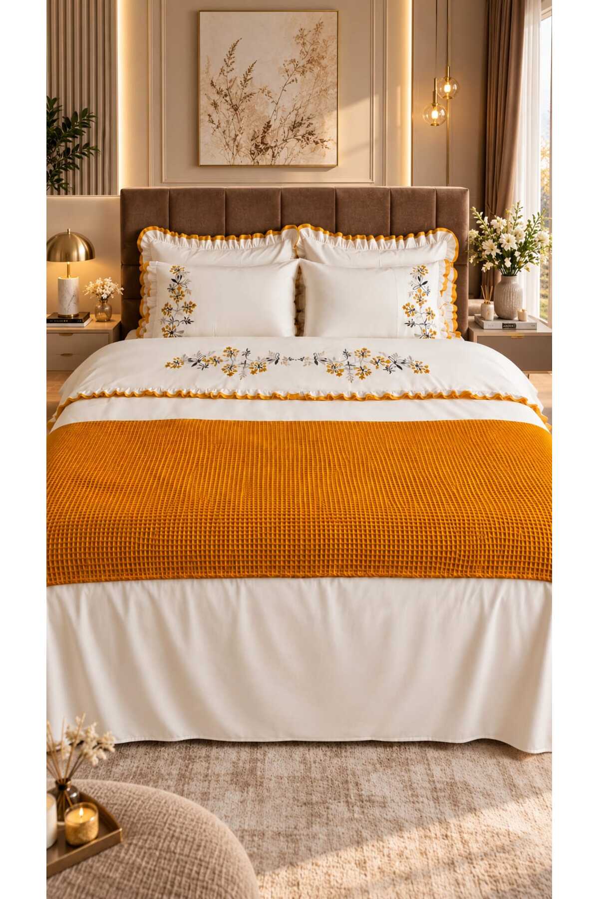 Zerdal Flora Nakışlı %100 Pamuk Runnerlı 7 Parça Modern Çift Kişilik Nevresim Set