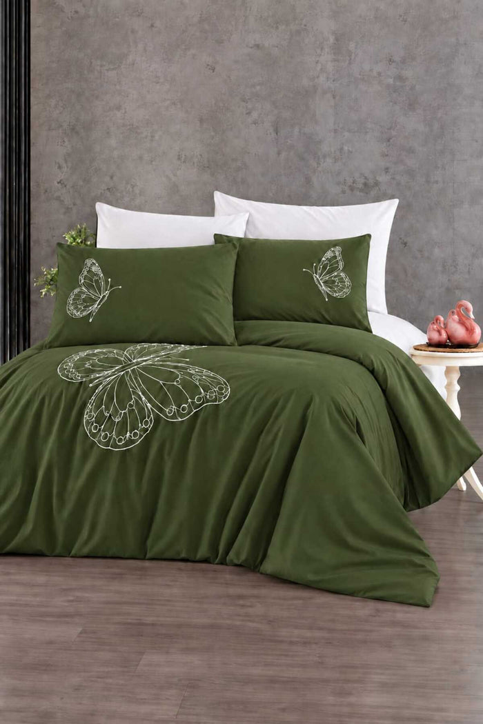 Elegant Lüks Kelebek Haki Nakışlı %100 Pamuk Çift Kişilik 6 Parça Nevresim Takımı