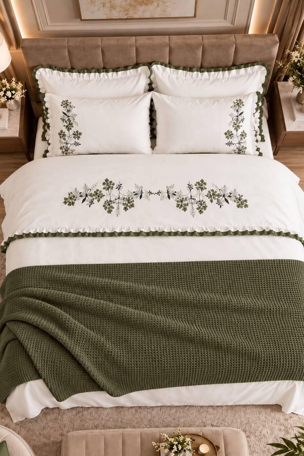 Zerdal Flora Haki Yeşil Nakışlı %100 Pamuk Runnerlı 7 Parça Modern Çift Kişilik Nevresim Set