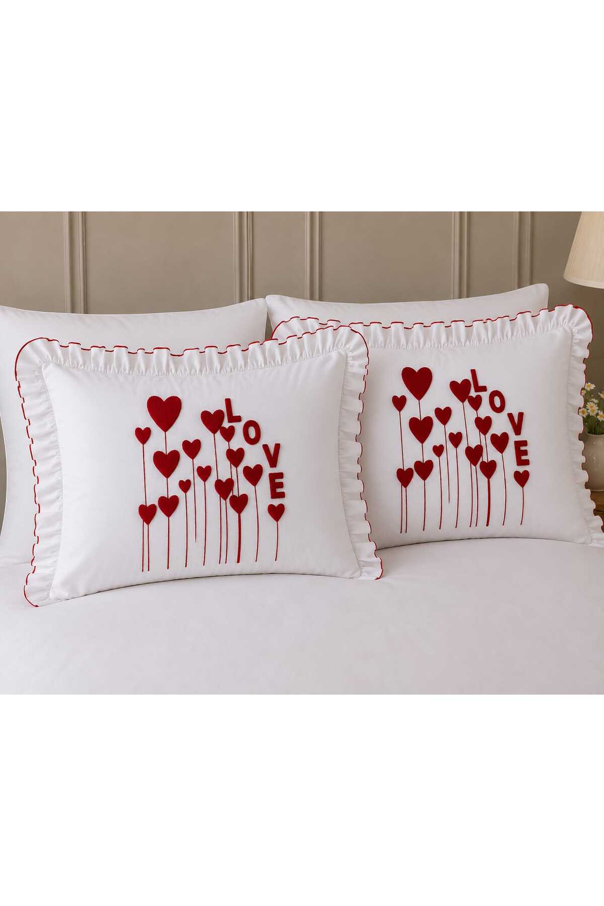 Love Garden Punch Nakışlı Fırfırlı 6 Parça %100 Pamuk Çift Kişilik Nevresim Seti