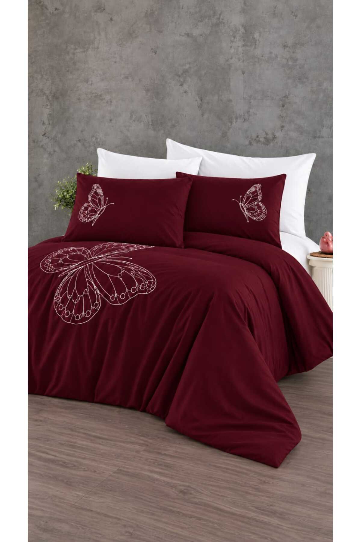 Elegant Lüks Kelebek Bordo Nakışlı %100 Pamuk Çift Kişilik 6 Parça Nevresim Takımı