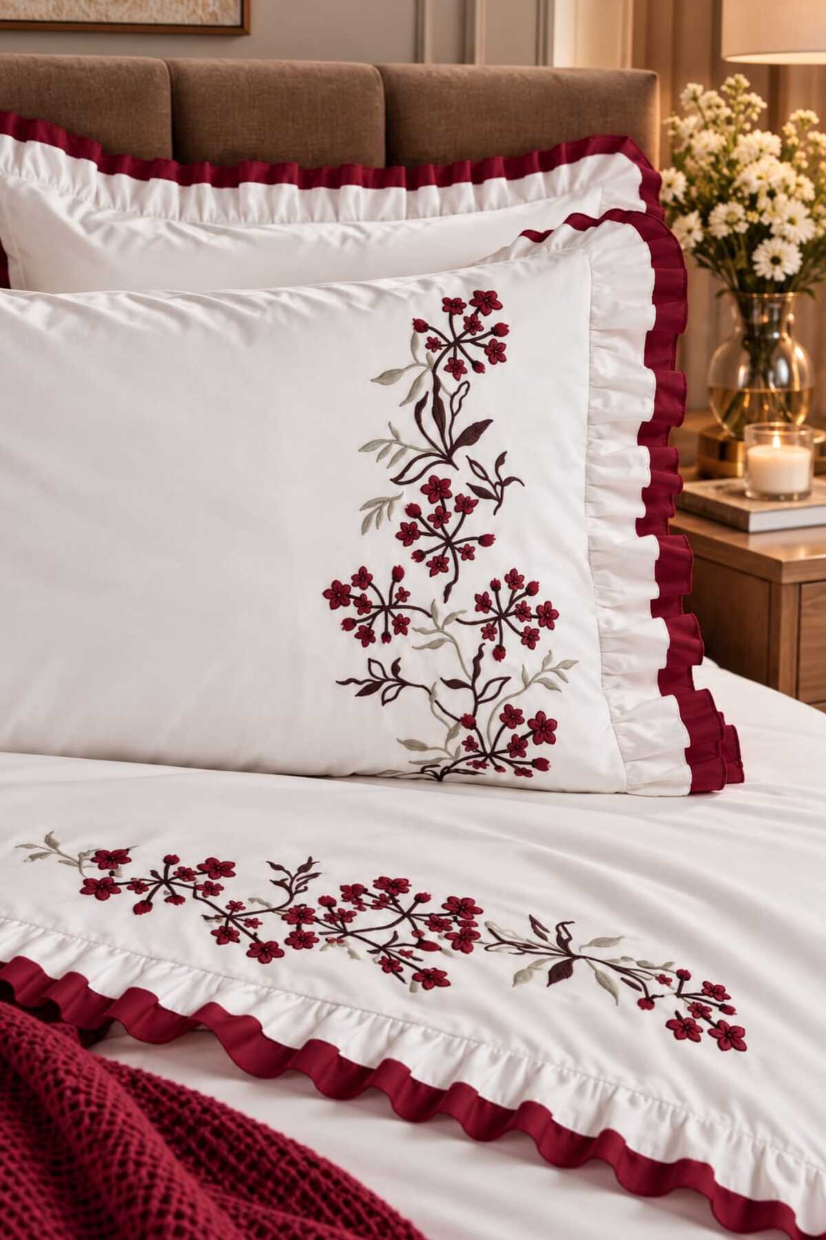 Zerdal Flora Bordo Nakışlı %100 Pamuk Runnerlı 7 Parça Modern Çift Kişilik Nevresim Set