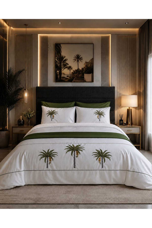 Oasis Palm %100 Pamuk Palmiye Nakışlı Çift Kişilik Runnerlı Nevresim Takımı 7 Parça