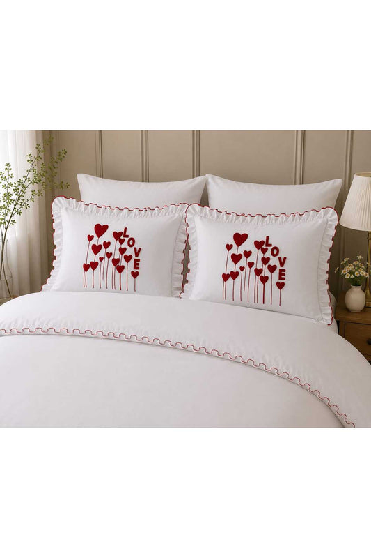 Love Garden Punch Nakışlı Fırfırlı 6 Parça %100 Pamuk Çift Kişilik Nevresim Seti