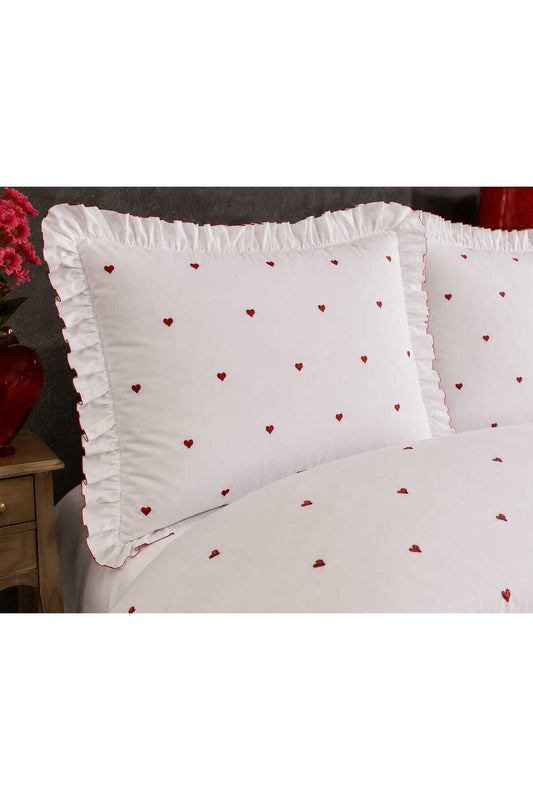 Amor Serpme Kalp Nakışlı 6 Parça %100 Pamuk Çİft Kişilik Çeyizlik Nevresim Seti