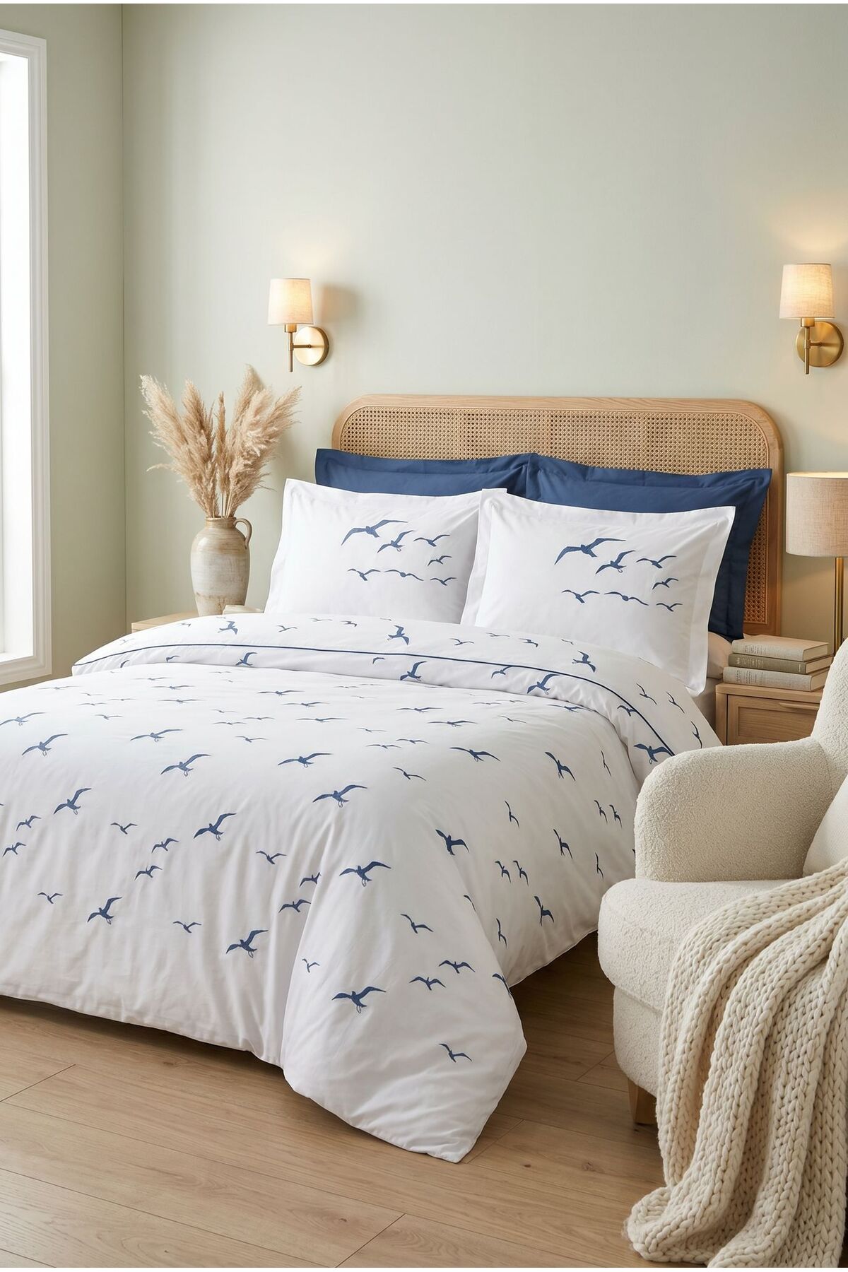 Coastal Breeze Martı Nakışlı %100 Pamuk 6 Parça Çift Kişilik Nevresim Takımı