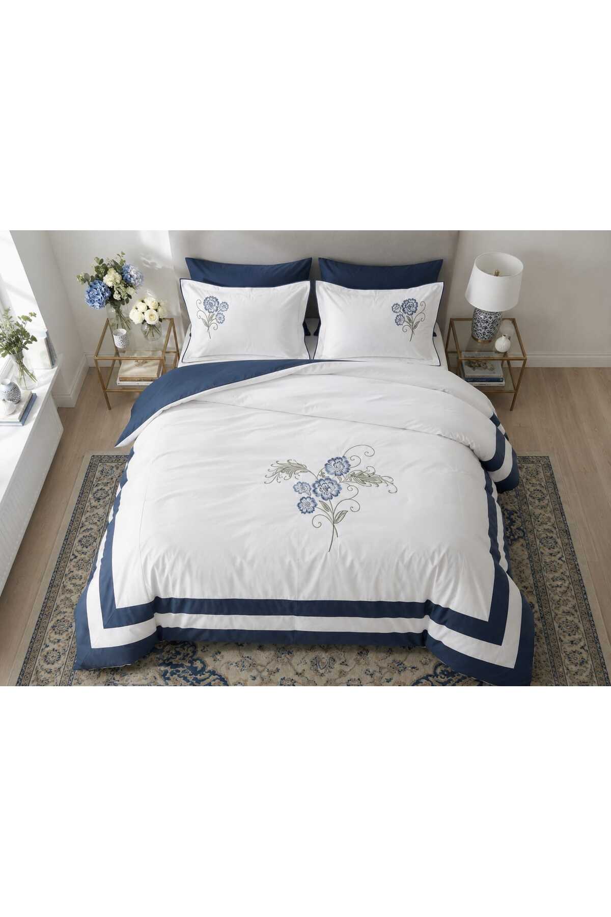Flora Marine %100 Pamuk Nakışlı 6 Parça Çift Kişilik Nevresim Takımı