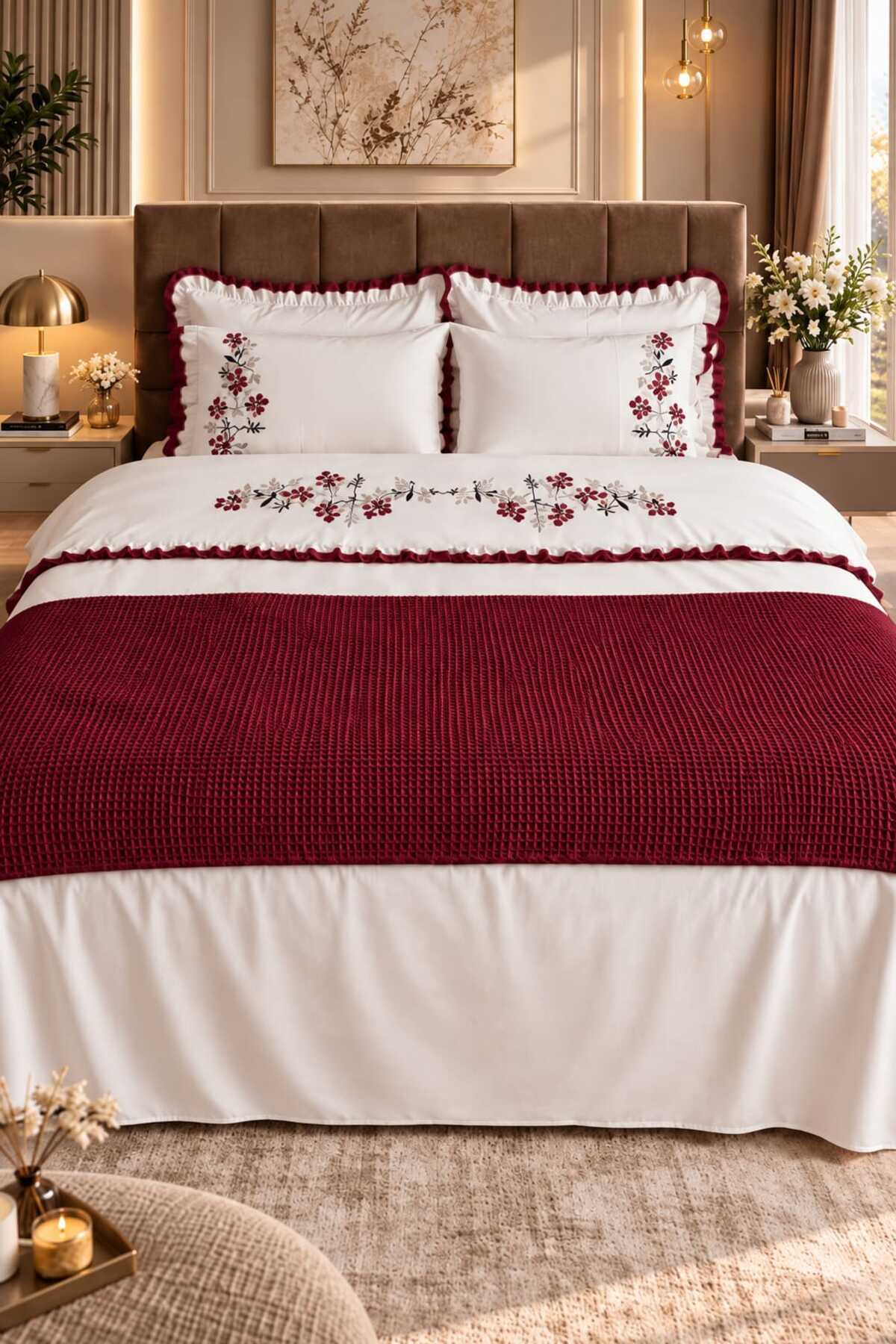 Zerdal Flora Bordo Nakışlı %100 Pamuk Runnerlı 7 Parça Modern Çift Kişilik Nevresim Set