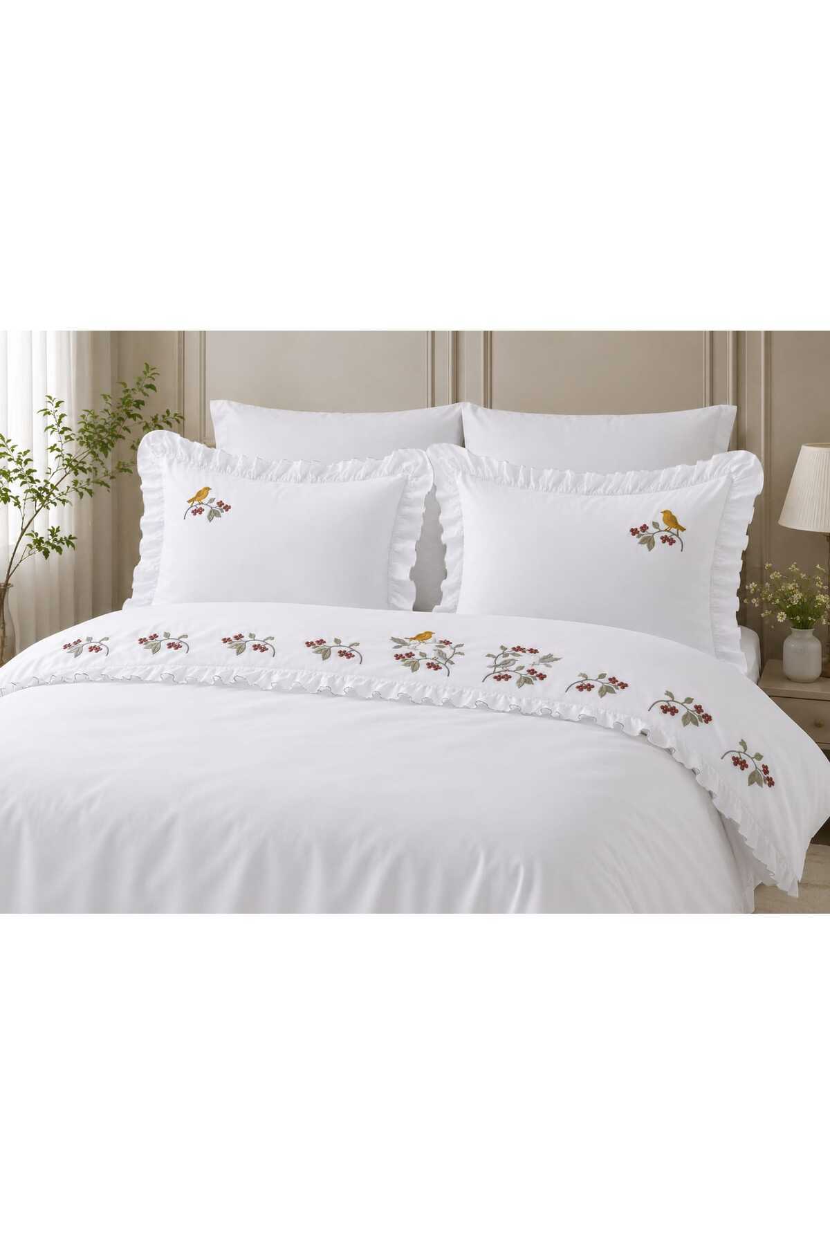 Flora Bird Nakışlı Fırfırlı %100 Pamuk Runnerlı 7 Parça Çift Kişilik Nevresim Takım
