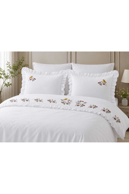 Flora Bird Nakışlı Fırfırlı %100 Pamuk Runnerlı 7 Parça Çift Kişilik Nevresim Takım