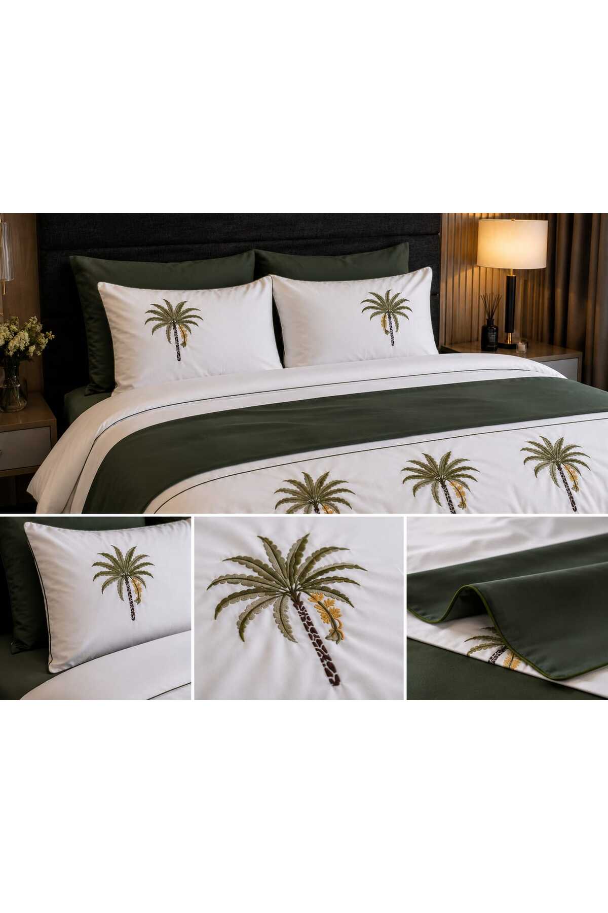 Oasis Palm %100 Pamuk Palmiye Nakışlı Çift Kişilik Runnerlı Nevresim Takımı 7 Parça
