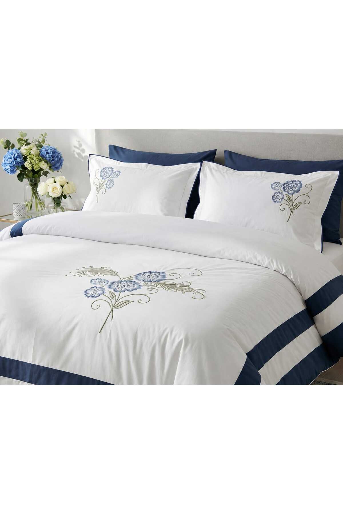 Flora Marine %100 Pamuk Nakışlı 6 Parça Çift Kişilik Nevresim Takımı