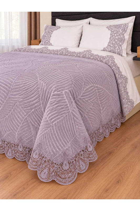 Bella Lavanda Şönil Dantelli Battaniyeli %100 Pamuk 7 Parça Modern Çift Kişilik Nevresim Set