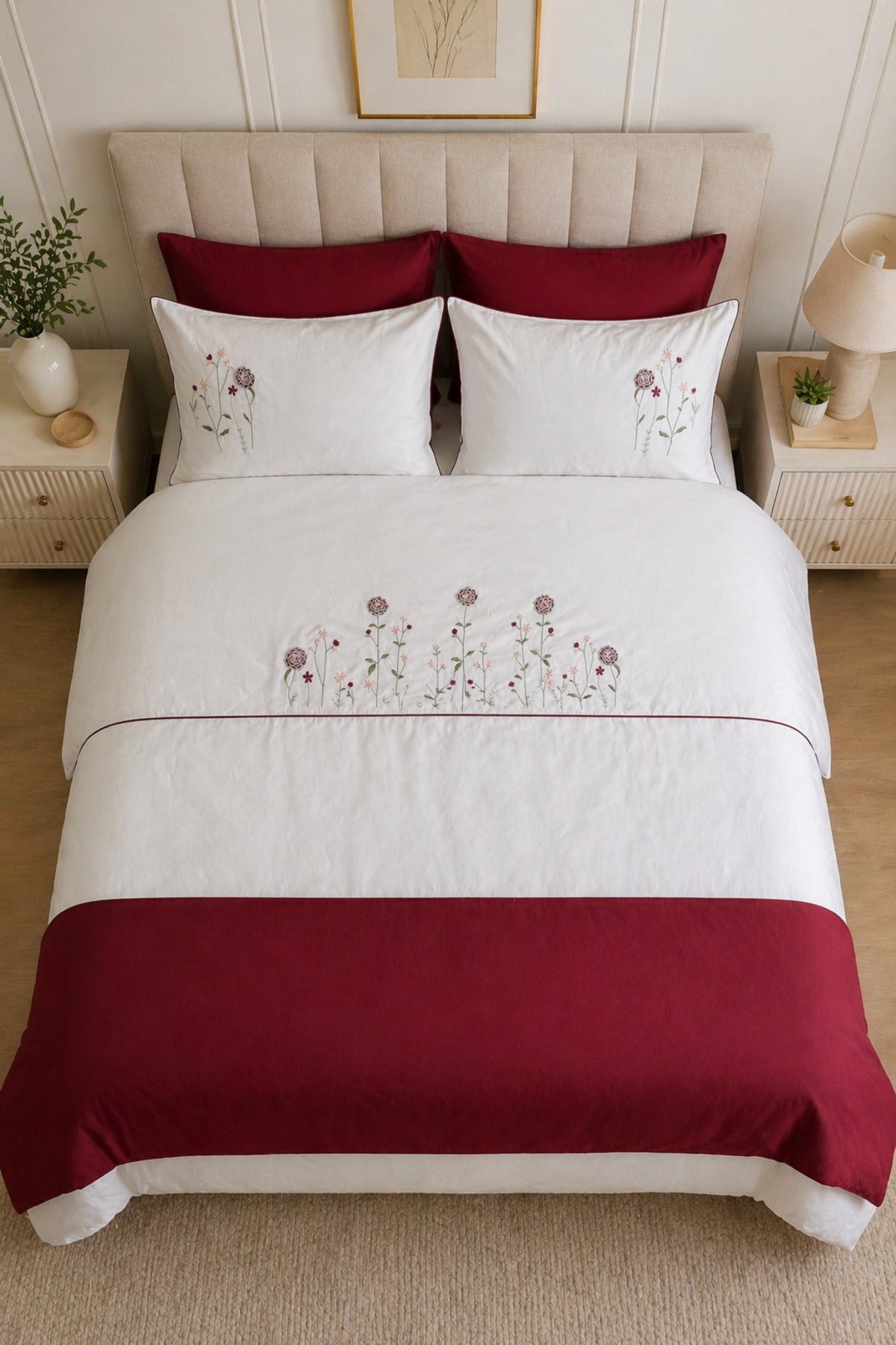 Lerin %100 Pamuk Çiçek Nakışlı Çift Kişilik Nevresim Takımı 7 Parça - 3D Çiçek Nakışlı Yatak Runnerlı Çeyizlik Premium Set