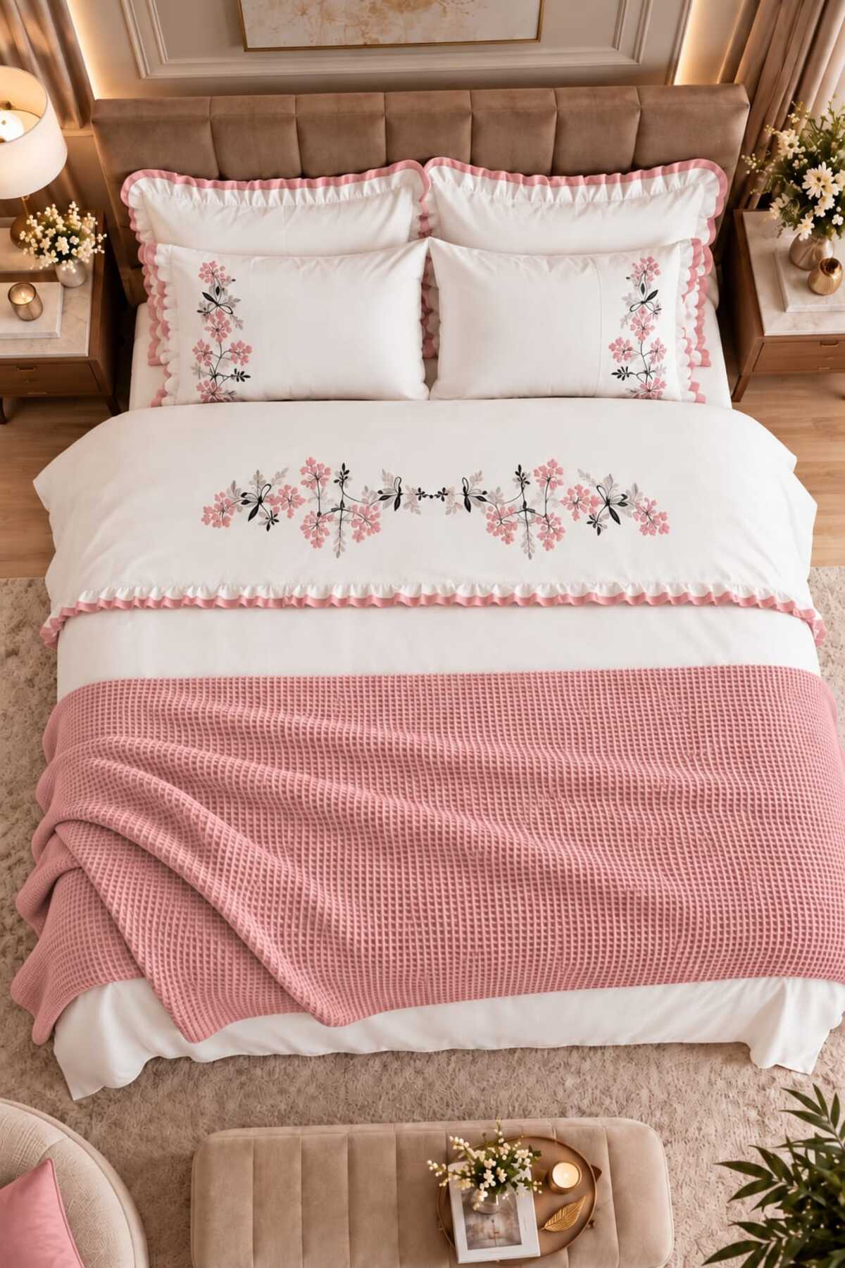 Zerdal Flora Pudra Nakışlı %100 Pamuk Runnerlı 7 Parça Modern Çift Kişilik Nevresim Set