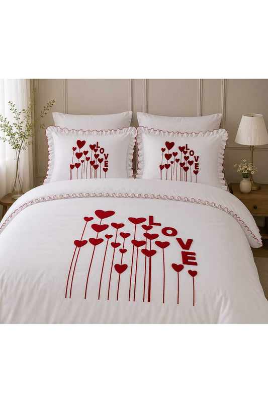 Love Garden Punch Nakışlı Fırfırlı 6 Parça %100 Pamuk Çift Kişilik Nevresim Seti