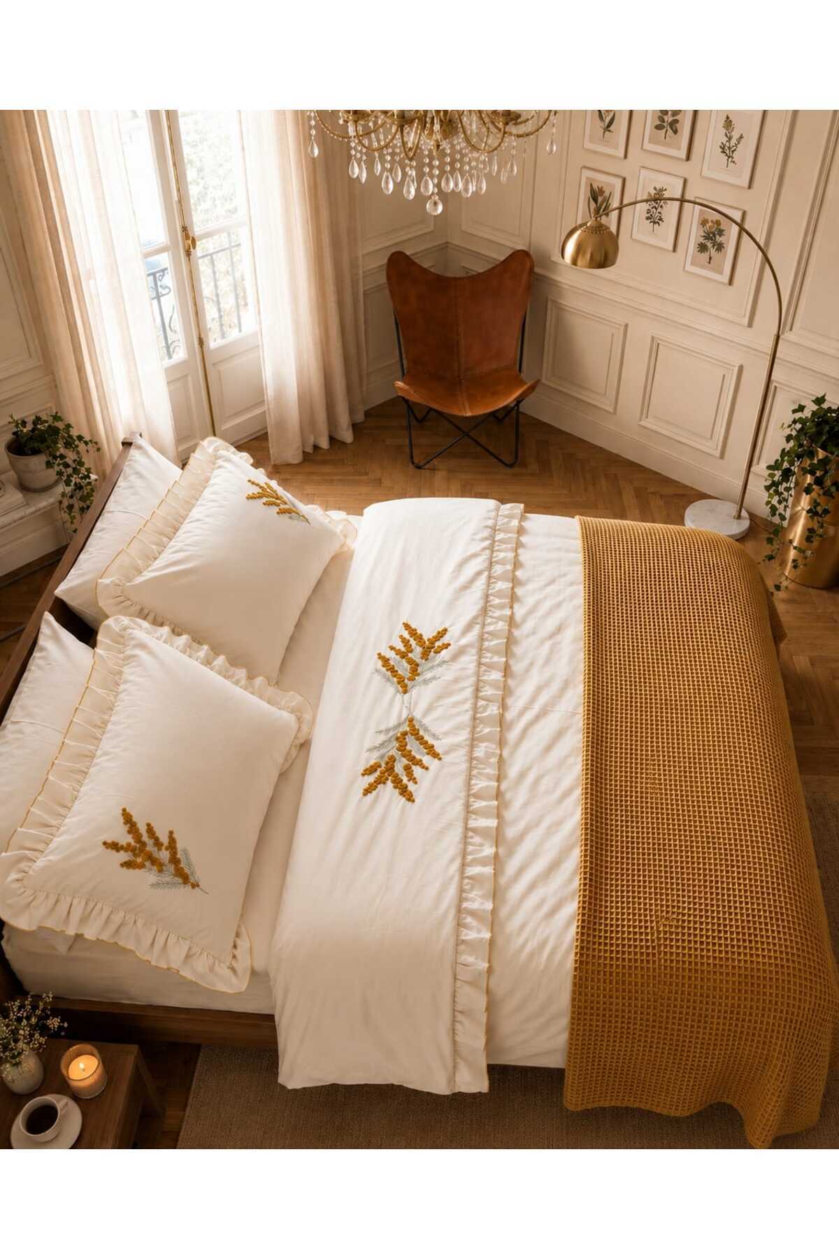 Trigo Hardal Çiçek Süzene Nakışlı Pamuk King Size Nevresim Takımı 7 Parça Runnerlı Modern Çift Kişilik Set