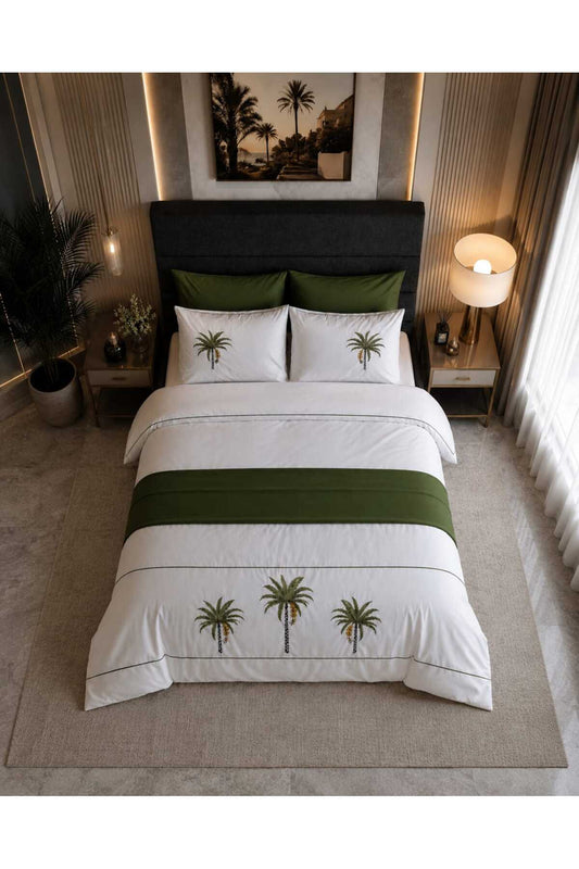 Oasis Palm %100 Pamuk Palmiye Nakışlı Çift Kişilik Runnerlı Nevresim Takımı 7 Parça