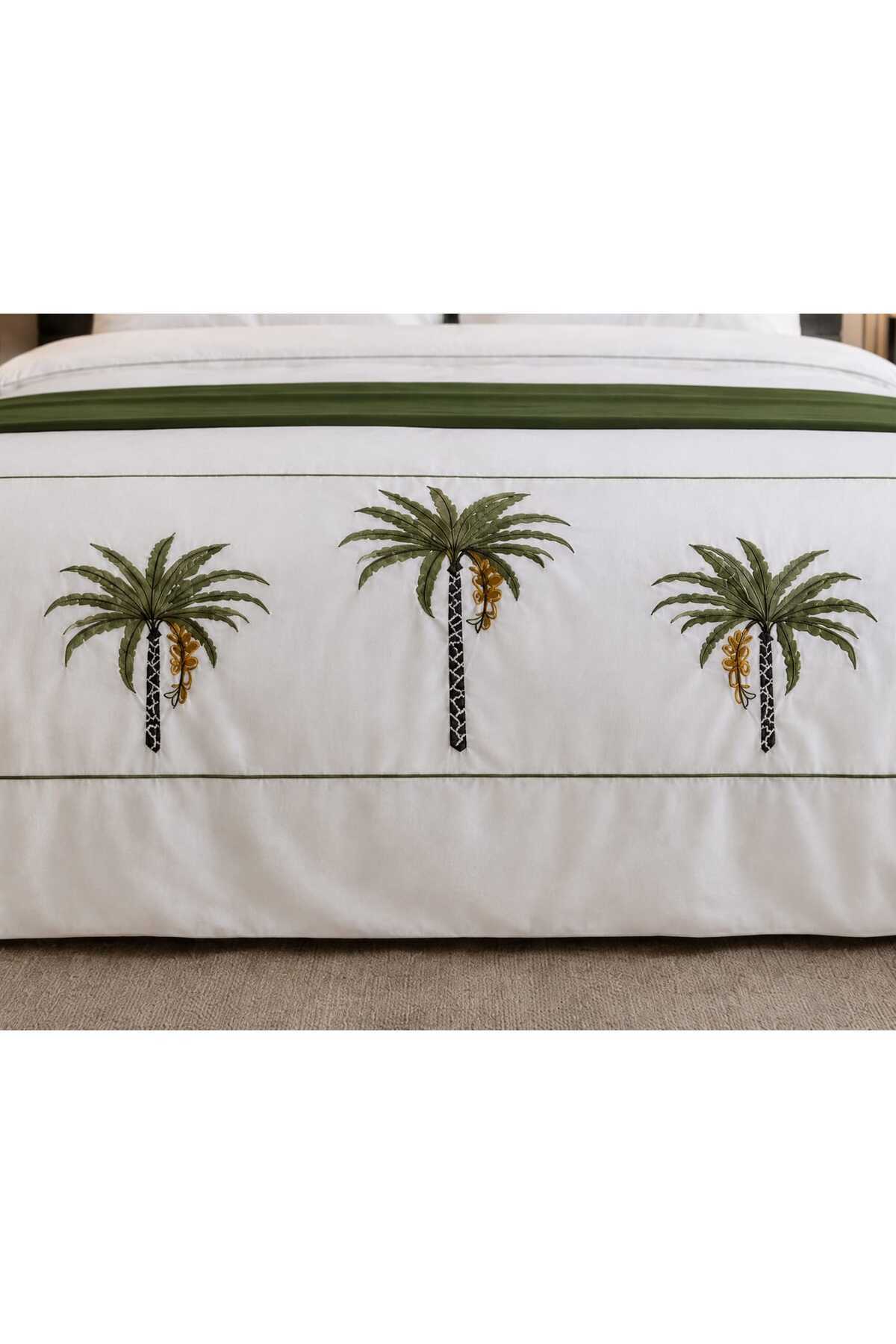 Oasis Palm %100 Pamuk Palmiye Nakışlı Çift Kişilik Runnerlı Nevresim Takımı 7 Parça