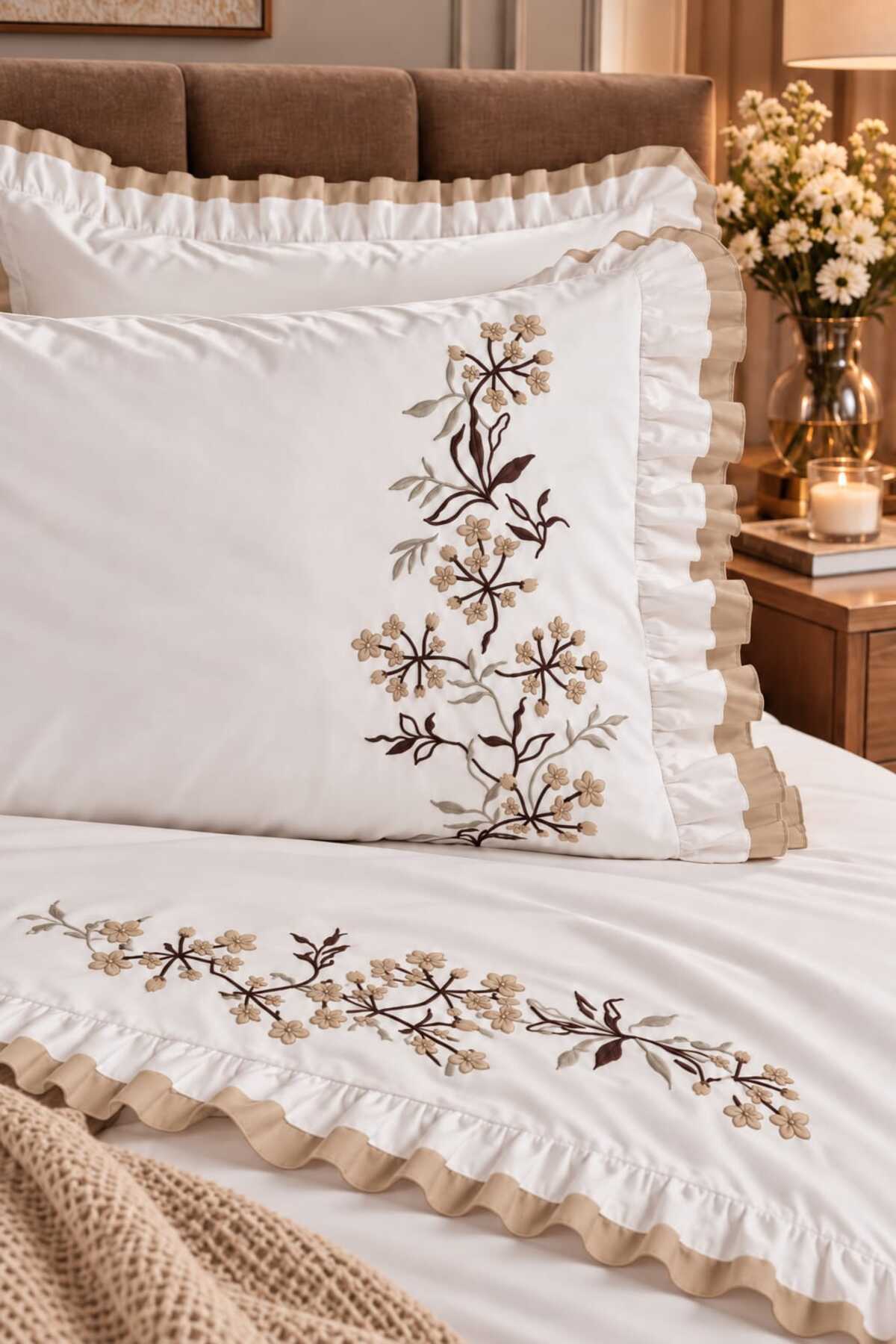 Zerdal Flora Bej Nakışlı %100 Pamuk Runnerlı 7 Parça Modern Çift Kişilik Nevresim Set