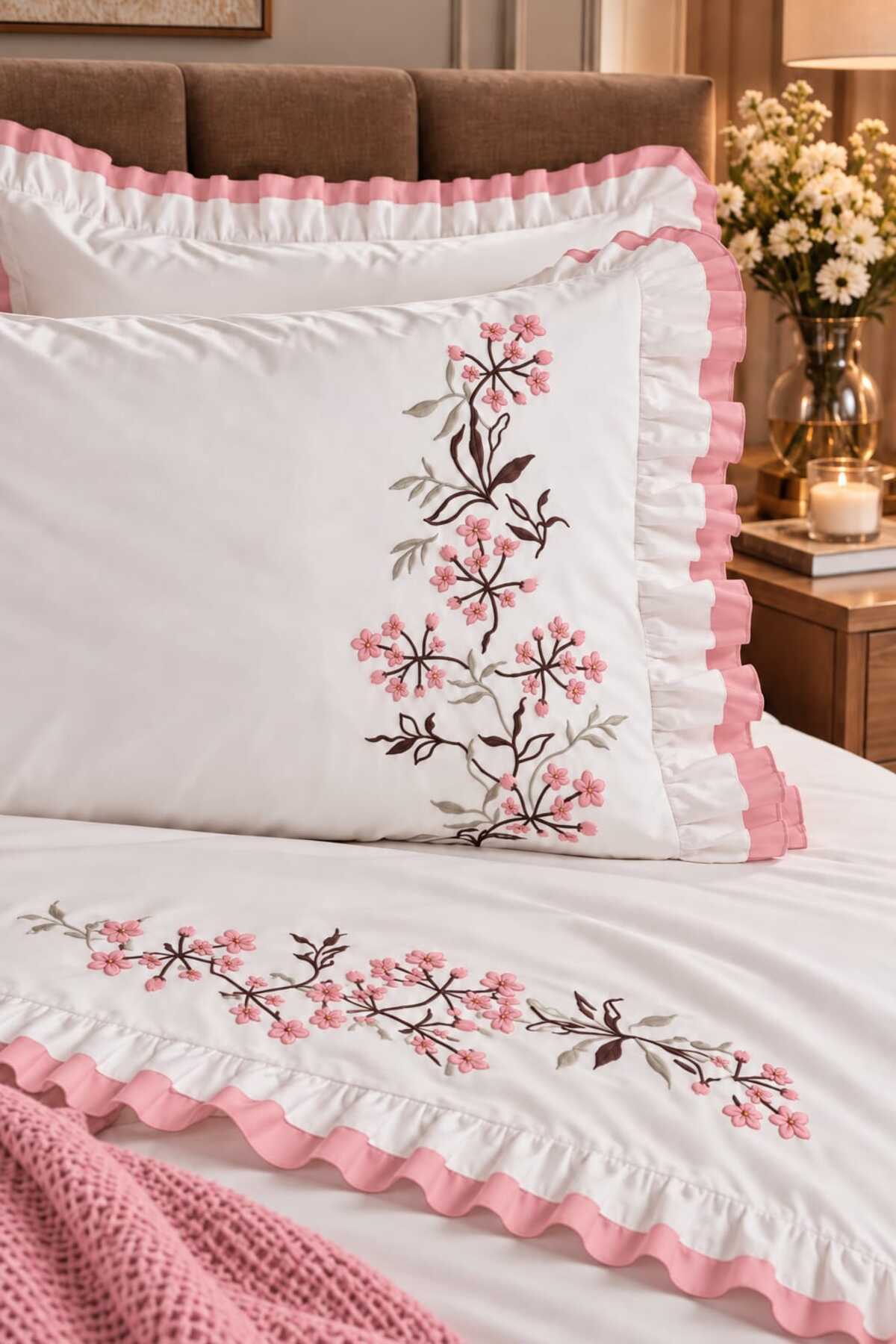 Zerdal Flora Pudra Nakışlı %100 Pamuk Runnerlı 7 Parça Modern Çift Kişilik Nevresim Set