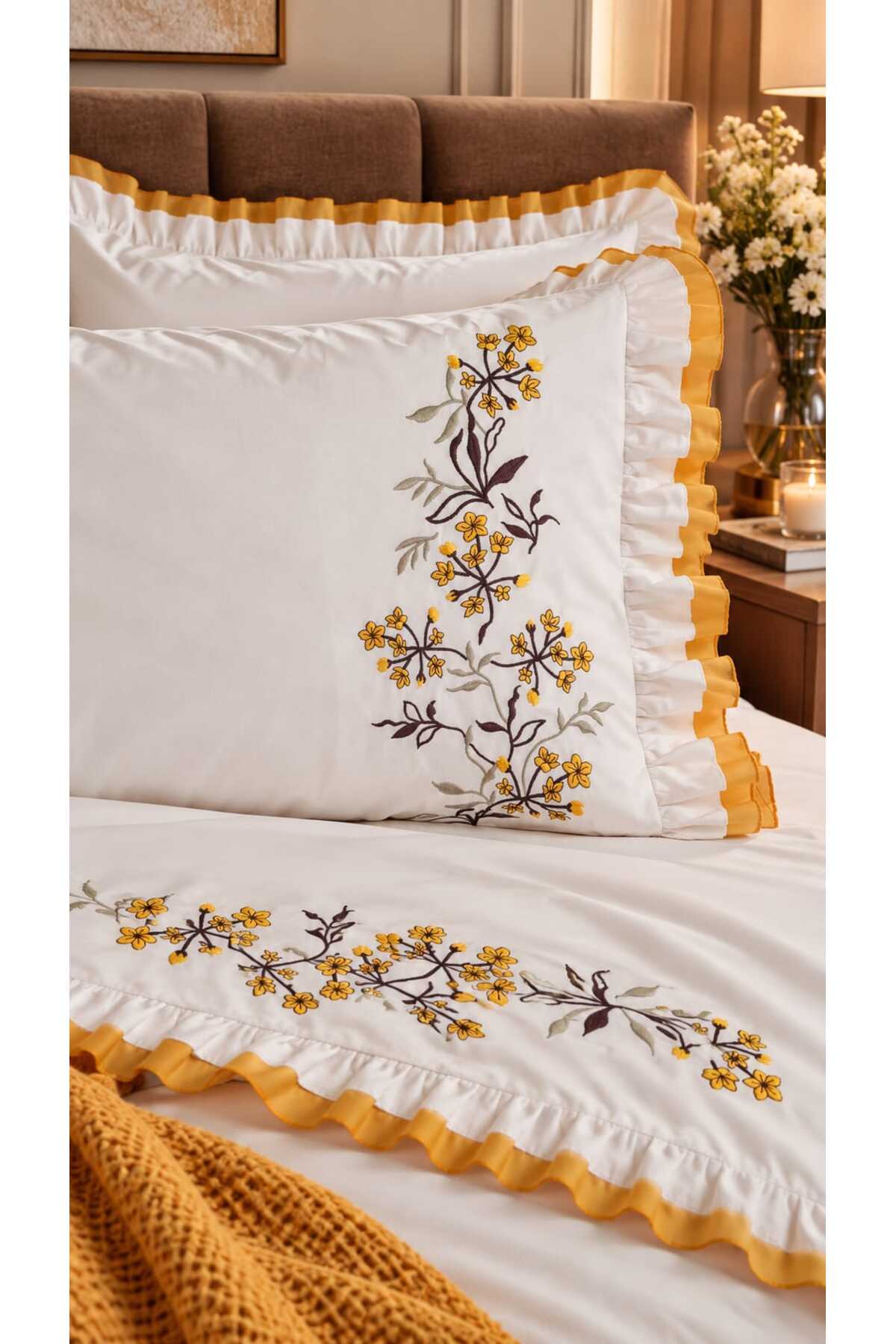 Zerdal Flora Nakışlı %100 Pamuk Runnerlı 7 Parça Modern Çift Kişilik Nevresim Set