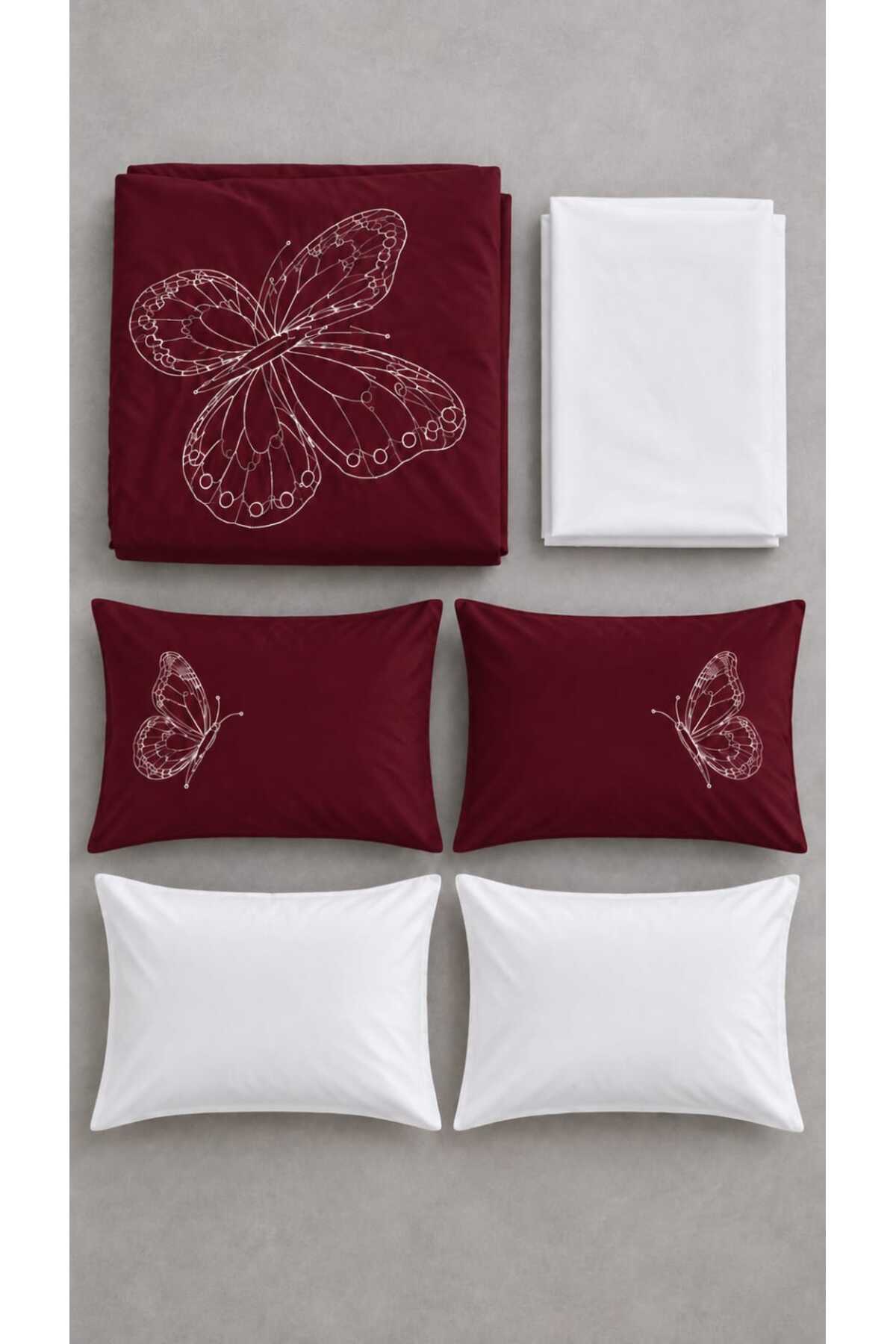 Elegant Lüks Kelebek Bordo Nakışlı %100 Pamuk Çift Kişilik 6 Parça Nevresim Takımı