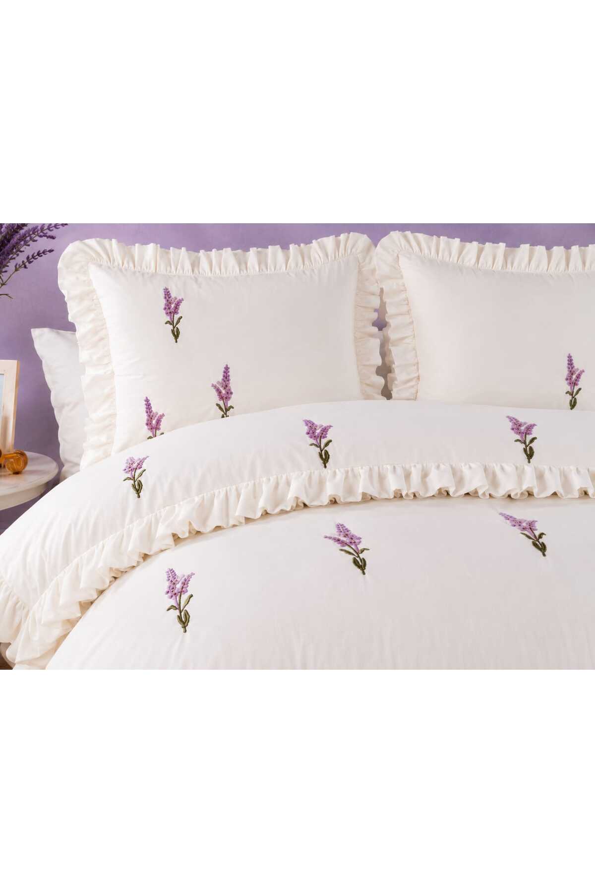 Lavanta Esintisi Fırfırlı & Nakışlı %100 Pamuk 6 Parça Çift Kişilik Nevresim Takımı