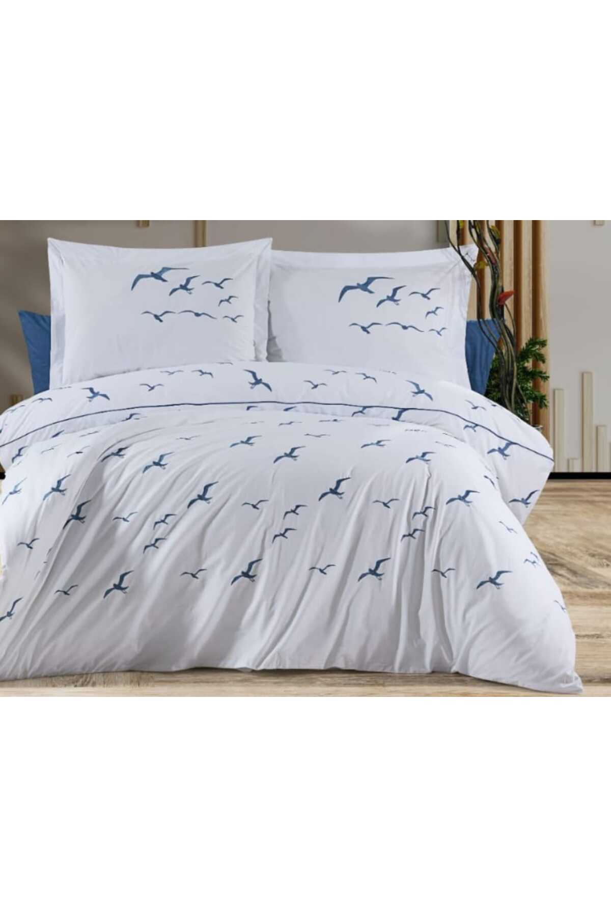 Coastal Breeze Martı Nakışlı %100 Pamuk 6 Parça Çift Kişilik Nevresim Takımı