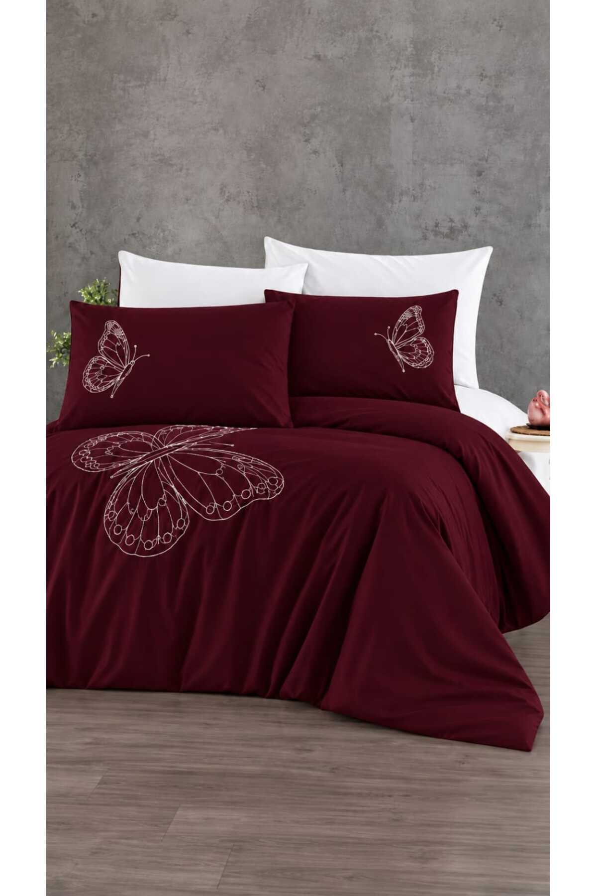 Elegant Lüks Kelebek Bordo Nakışlı %100 Pamuk Çift Kişilik 6 Parça Nevresim Takımı